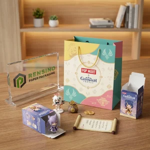 POP MART x Genshin Impact Цветная бумажная сумка с узором персонажей, подходит для подарочной или розничной упаковки, доступная печать логотипа на заказ