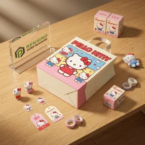 Bolsa de papel rosa con impresión de dibujos animados de Hello Kitty, adecuada para embalaje de regalo o venta al por menor, impresión de logotipo personalizada disponible