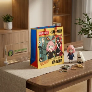 Bolsa de papel amarilla y azul con personajes de dibujos animados impresos y logotipos de Pop Mart y SPY×FAMILY, adecuada para empaques de regalos o venta al por menor, impresión de logotipos personalizada disponible