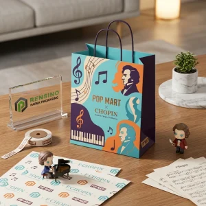 Sac en papier bleu et orange avec des notes de musique et des silhouettes de Chopin, adapté pour l'emballage de cadeaux ou de détail, impression de logo personnalisée disponible