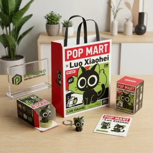 Красная и белая бумажная сумка POP MART с иллюстрацией мультяшного кота для упаковки подарков, доступная печать логотипа на заказ