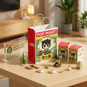Красная и белая бумажная сумка POP MART с иллюстрацией мультяшного персонажа, подходит для подарков или розничной упаковки, доступная печать индивидуального логотипа