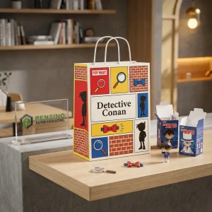 Bolsa de papel colorida POP MART con patrón de Detective Conan para embalaje de regalo o venta al por menor, impresión de logotipos personalizada disponible