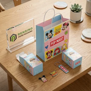 Sac en papier bleu et rose avec des personnages de dessins animés Disney et le logo POP MART, adapté pour les emballages cadeaux ou de vente au détail, impression de logo personnalisée disponible