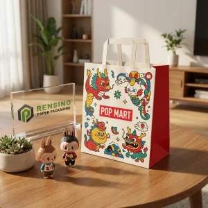 Красно-белый бумажный пакет POP MART с узором мультяшного персонажа, подходит для упаковки подарков или розничной торговли, доступна печать индивидуального логотипа