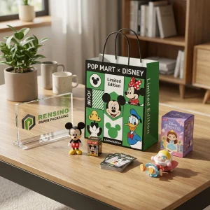 POP MART x DISNEY зеленая и белая бумажная сумка с принтами мультяшных персонажей, подходит для упаковки подарков или розничной торговли, доступная печать индивидуального логотипа