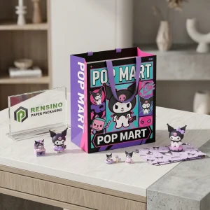 Бумажный пакет POP MART фиолетового и розового цвета с узором мультяшных персонажей, подходит для подарочной или розничной упаковки, доступна печать пользовательского логотипа