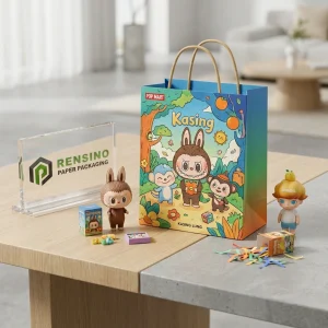 Sac en papier dégradé bleu et orange avec illustration de personnage de dessin animé, adapté pour l'emballage de cadeaux ou de détail, impression de logo personnalisée disponible