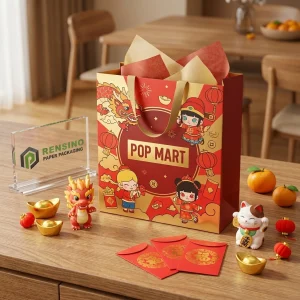 Красная бумажная сумка POP MART с мультяшным персонажем и узором фонарика, подходит для упаковки подарков, доступна печать на заказ логотипа