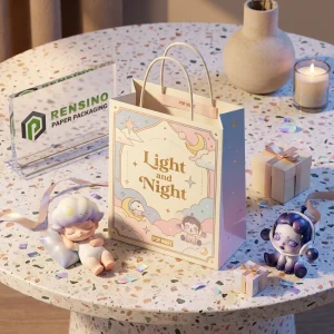 Bolsa de papel pastel POP MART con ilustración de luz y noche, adecuada para empaques de regalo o minoristas, impresión de logo personalizada disponible