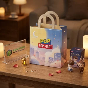 Bolsa de papel azul y amarilla con patrón de luna y estrellas para empaques de regalo, impresión de logo personalizada disponible