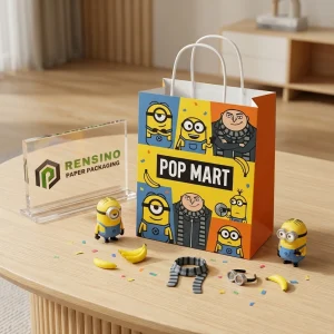 Embalaje de bolsa de papel colorida con patrón de personaje de dibujos animados para regalos o embalaje minorista, impresión de logo personalizada disponible