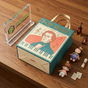 Bolsa de papel azul y beige de POP MART con notas musicales e ilustración de retrato, adecuada para embalaje de regalos o venta al por menor, impresión de logo personalizada disponible