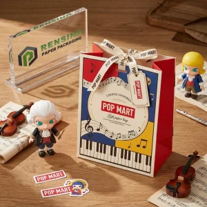 POP MART Красная и многоцветная бумажная сумка с узором музыкальной ноты и клавиатуры пианино для упаковки подарков, доступна печать индивидуального логотипа