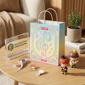 Bolsa de papel azul degradado de POP MART con patrón de notas musicales, adecuada para embalaje de regalos o venta al por menor, impresión de logo personalizada disponible