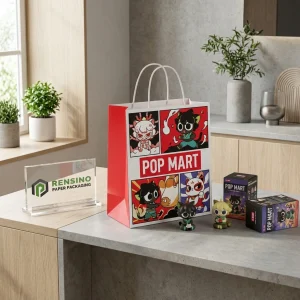 Бумажный пакет POP MART красного и белого цвета с изображением мультяшного персонажа для подарков или розничной упаковки, доступная печать индивидуального логотипа