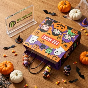 Borsa di Carta Arancione e Viola con Personaggi dei Cartoni Animati di Halloween e Testo “POP MART”, Adatta per Regali o Imballaggi al Dettaglio, Stampa Logo Personalizzata Disponibile