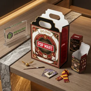 Embalaje de bolsa de papel negro y rojo con tema de Harry Potter y texto impreso de POP MART, adecuado para embalaje de regalos o venta al por menor, impresión de logo personalizada disponible