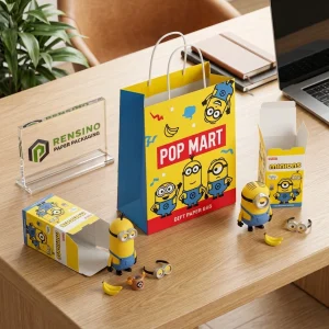 POP MART Желтая и синяя бумажная сумка с узором мультфильмов Миньонов и соответствующей напечатанной бумажной коробкой, подходит для упаковки подарков или розничной торговли, доступная печать индивидуального логотипа