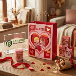 Красная бумажная сумка POP MART с узором в виде сердечка мультяшной пары, подходит для упаковки подарков, доступная печать индивидуального логотипа