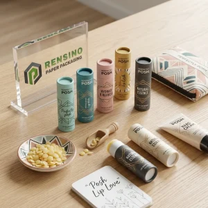 Tubetto di balsamo labbra in carta color pastello con testo stilizzato stampato e motivo geometrico per uso cosmetico o regalo, design personalizzato disponibile
