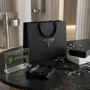 Sac cadeau en papier noir avec logo et poignée, adapté pour un cadeau, un commerce de détail ou des accessoires de mode, impression de logo personnalisée disponible