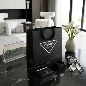 Sac en papier noir avec logo Prada et poignée, adapté pour l'emballage cadeau ou de détail, service OEM/ODM disponible