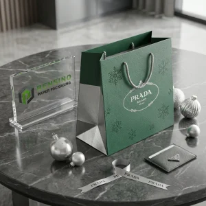 Busta di Carta Verde con Motivo di Fiocco di Neve e Logo Prada, Adatta per Imballaggio Regalo, al Dettaglio o Cosmetico, Design Personalizzato Disponibile