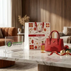 Sacchetto di carta rossa con motivo natalizio e logo, adatto per confezioni regalo, al dettaglio o cosmetiche, stampa logo personalizzata disponibile