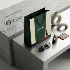 Prada Green Paper Bag with Printed Logo and Striped Pattern, Suitable for Gift, Retail, or Fashion Packaging, OEM/ODM Service Available