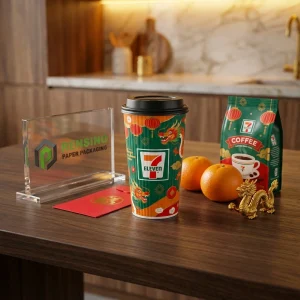 Bedruckter Pappverpackungsbecher mit Drachenmuster und 7-Eleven-Logo, geeignet für Kaffee oder Getränke, OEM/ODM-Service verfügbar