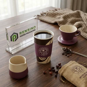 Lila Kaffeepapiertasse mit Logo, geeignet für heiße Getränke und Einzelhandelsnutzung