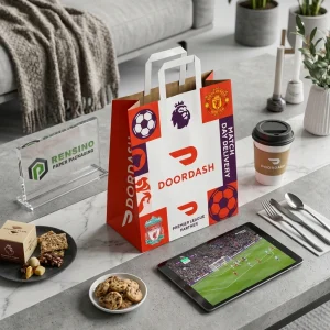 Sacchetto regalo in carta rossa e bianca con loghi di calcio e Premier League, adatto per regali, vendita al dettaglio, imballaggio di cibo o cosmetici, servizio OEM/ODM disponibile