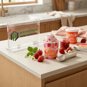 Tazza di Carta per Imballaggio di Gelato Rosa con Motivo di Fragole per Imballaggio Alimentare, Stampa Logo Personalizzata Disponibile
