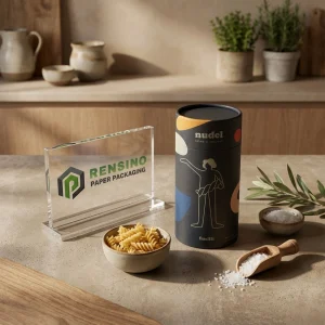 Emballage en tube en papier noir avec formes colorées abstraites et figure en art linéaire, adapté à l'emballage alimentaire, design personnalisé disponible