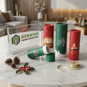 Envases de tubo de papel rojo y verde con patrón navideño y texto impreso para empaques de regalo, diseño personalizado disponible