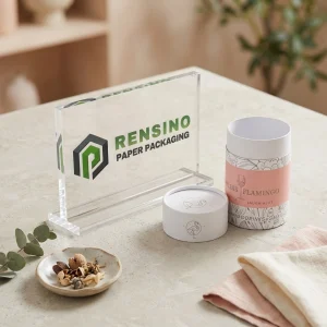 Imballaggio in Tubo di Carta Bianco e Rosa con Illustrazione di Fenicottero Adatto per Imballaggio Regalo Design Personalizzato Disponibile
