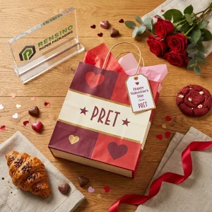 Bolsa de regalo de papel rojo con patrón de corazón, adecuada para regalos del Día de San Valentín, personalizable para uso minorista y promocional