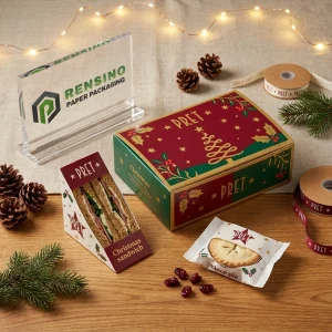 Scatola per imballaggio alimentare usa e getta rossa e verde con motivo di albero di Natale dorato e agrifoglio, adatta per imballaggi di panini e tortini di carne, servizio OEM/ODM disponibile