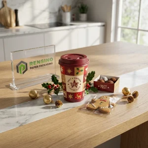 Tazza di carta rossa con motivo natalizio, adatta per caffè o bevande calde, design personalizzato disponibile