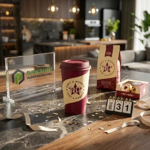 Tazza di caffè in carta bordeaux con logo, adatta per bevande da asporto, design personalizzato disponibile