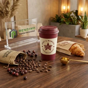 Vaso de papel burdeos con manga beige y estampado de café, soluciones de empaque personalizables