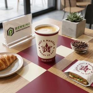 Tazza di Carta Bianca con Logo e Testo Rossi, Adatta per Caffè o Bevande, Design Personalizzabile