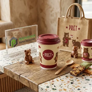 Emballage de gobelet en papier imprimé marron et beige avec motif d'ours et couvercle rouge, adapté pour l'emballage de boissons ou de nourriture, impression de logo personnalisée disponible