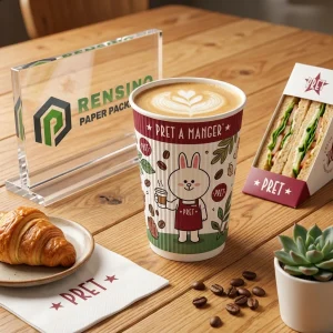 Bedruckter Pappbecher mit Cartoon-Hase und Kaffeebohnen-Illustration, geeignet für Getränkeverpackungen, individuelles Logo-Drucken verfügbar
