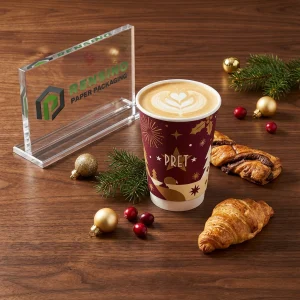 Copos de papel bege e marrom, adequados para embalagem de bebidas, personalizáveis para uso em varejo e presentes.