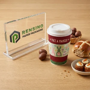 Bedruckte rote und grüne Pappbecherhülse mit Osterhasen- und Eiermuster für Getränkeverpackungen, benutzerdefinierter Logo-Druck verfügbar