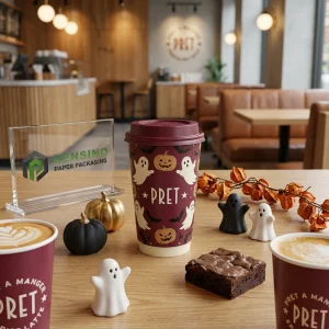 Tazza di Carta Marrone con Motivo di Halloween, Adatta per Caffè o Bevanda, Design Personalizzato Disponibile
