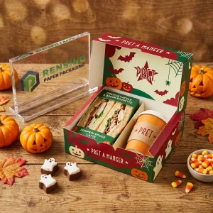 Boîte d'emballage alimentaire jetable verte et rouge avec motif de citrouille d'Halloween et toile d'araignée, adaptée pour l'emballage alimentaire, design personnalisé disponible