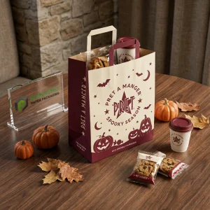Beiger und Burgunderfarbener Papierbeutel mit Halloween-Kürbis-Muster, Individuelle Logo-Druckmöglichkeiten verfügbar
